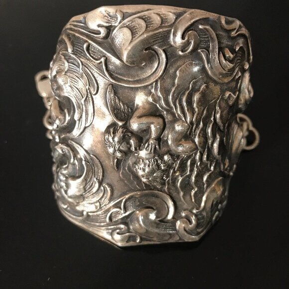 Kissing Cherub Wide Sterling Silver Cuff Bracelet Unger Brothers Angel Putti - Picture 12 of 13